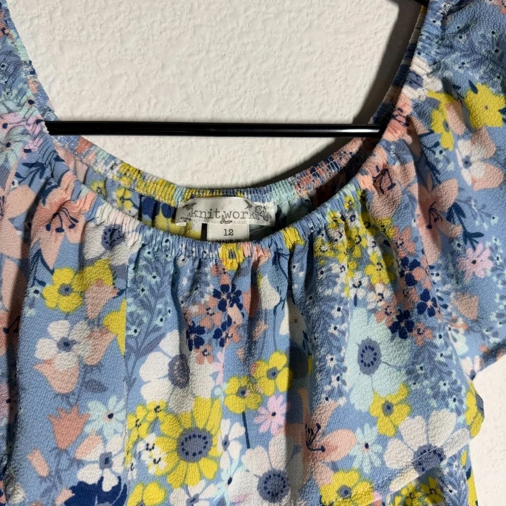 Knit Works Romper Girls 12 Blue Floral Ruffle Smocked Off The Shoulder One Piece